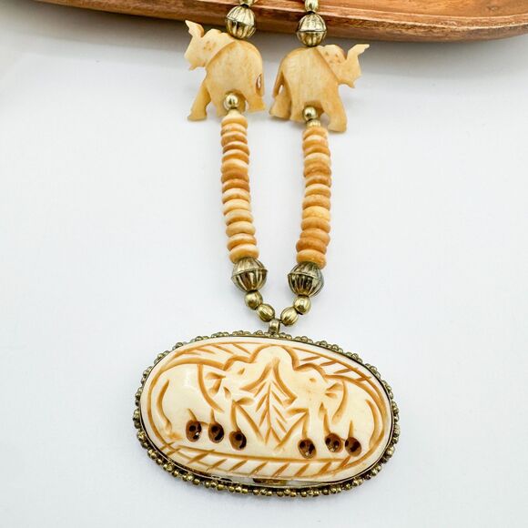 Carved Elephant Pendant Necklace Tribal Ethnic Organic Bead Brass Tone Statement - Picture 5 of 11